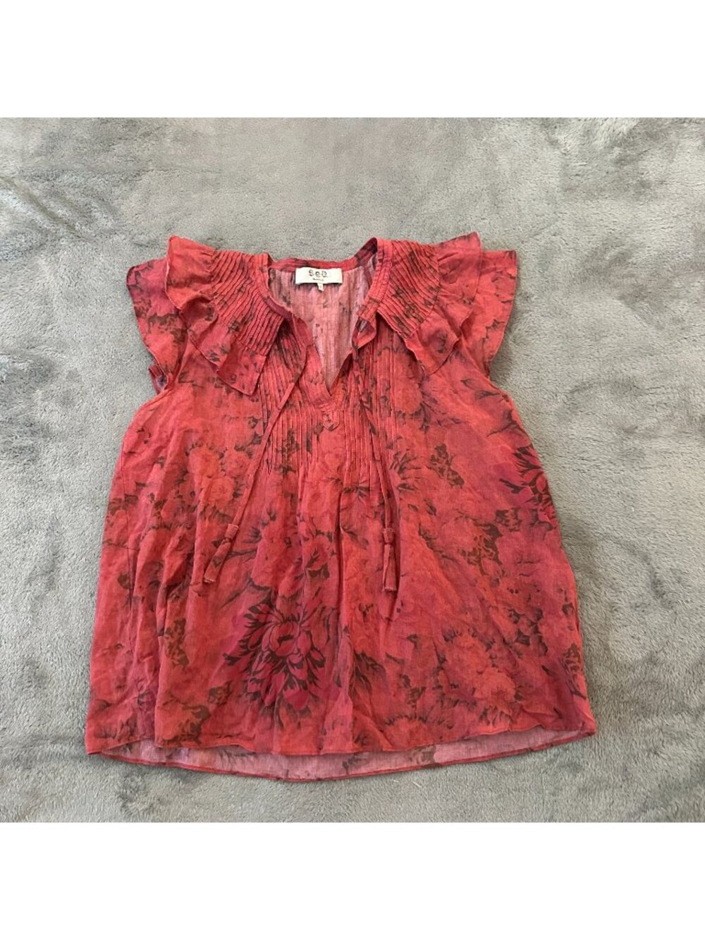 Sea New York Red Floral Tie Neck Blouse 6 Ruffled Sleeves 100% Cotton Top